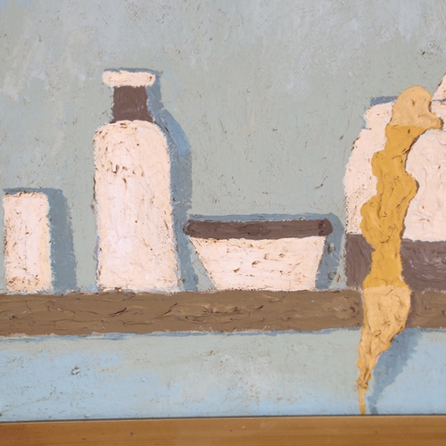 1355 - Carol Maddison, contemporary oil on board, kitchen shelf, 10