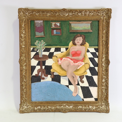 1357 - Carol Maddison, contemporary oil on board, interior scene, 21