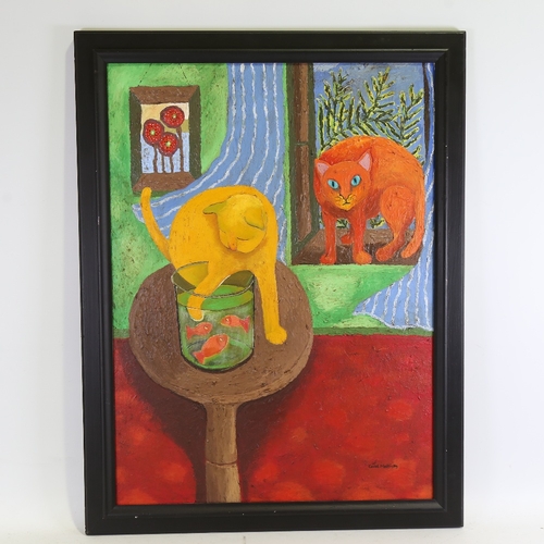 1358 - Carol Maddison, contemporary oil on board, cats and fish, 30