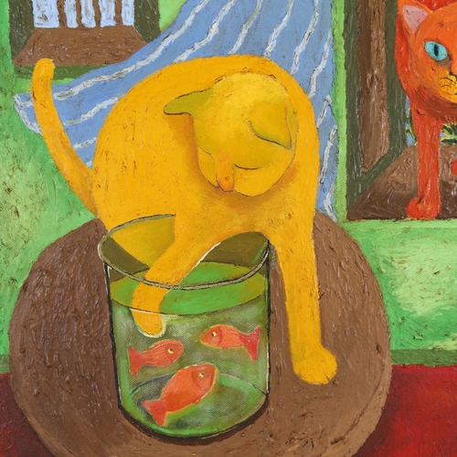 1358 - Carol Maddison, contemporary oil on board, cats and fish, 30