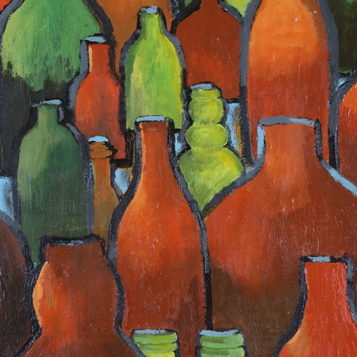 1359 - Carol Maddison, contemporary oil on canvas, wine bottles, 25