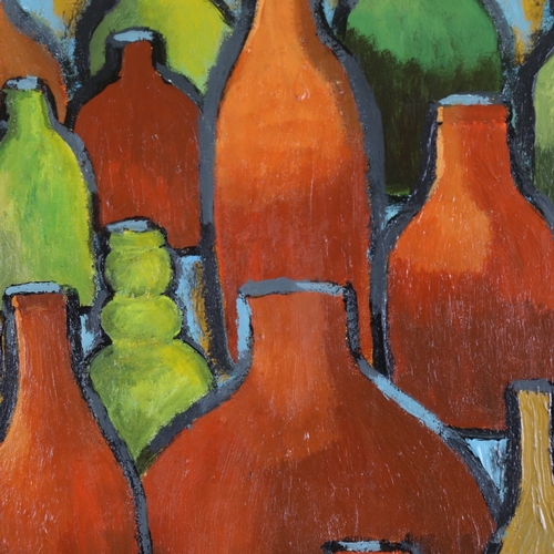 1359 - Carol Maddison, contemporary oil on canvas, wine bottles, 25