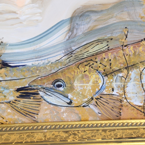 1364 - Clive Fredriksson, oil on board, mermaid and fish, ornate gilded frame, overall frame dimensions 20