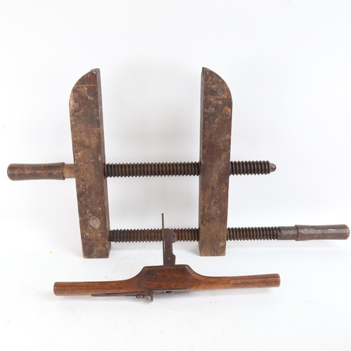 107 - A large early wooden adjustable cramp and an Antique granny's tooth woodworking tool (2)