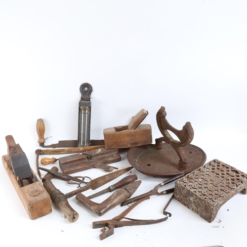 108 - Various Vintage woodworking tools, including planes, garden tools, cast-iron boot scraper etc (boxfu... 