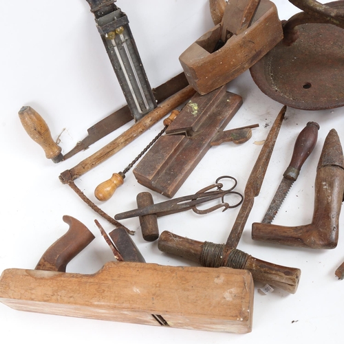 108 - Various Vintage woodworking tools, including planes, garden tools, cast-iron boot scraper etc (boxfu... 