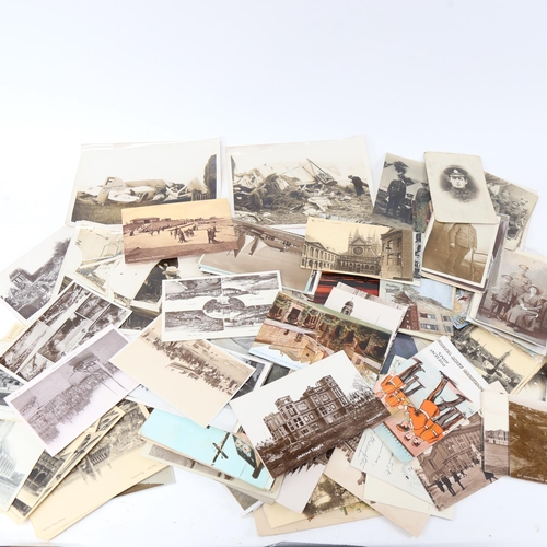 120 - Various Vintage topographical postcards, a set of 3 sepia photographs of Bleriot Air Union plane cra... 