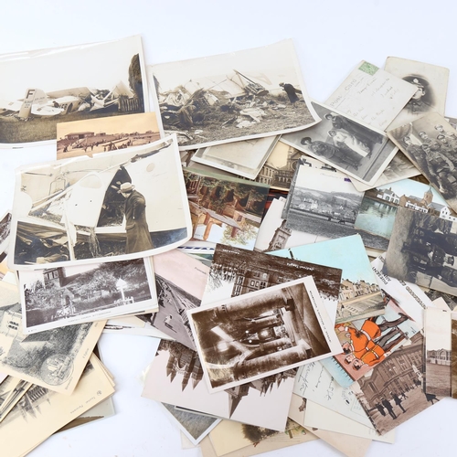 120 - Various Vintage topographical postcards, a set of 3 sepia photographs of Bleriot Air Union plane cra... 