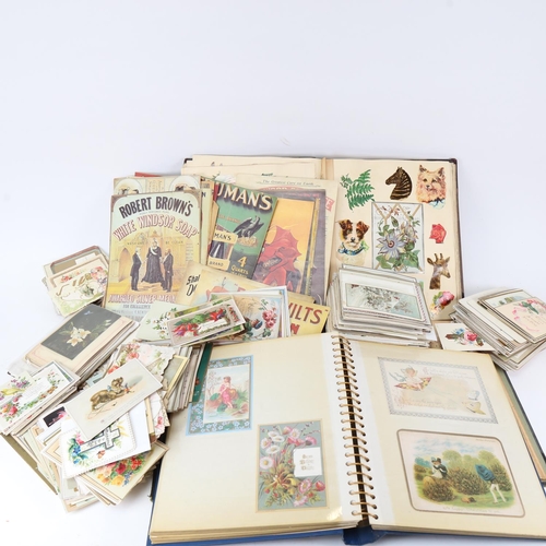 123 - 3 19th/early 20th century scrap albums, various loose cards, printed adverts etc (boxful)