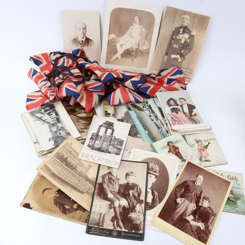 135 - Various Vintage loose topographical postcards, Victorian portrait pictures, Union Jack bunting etc (... 