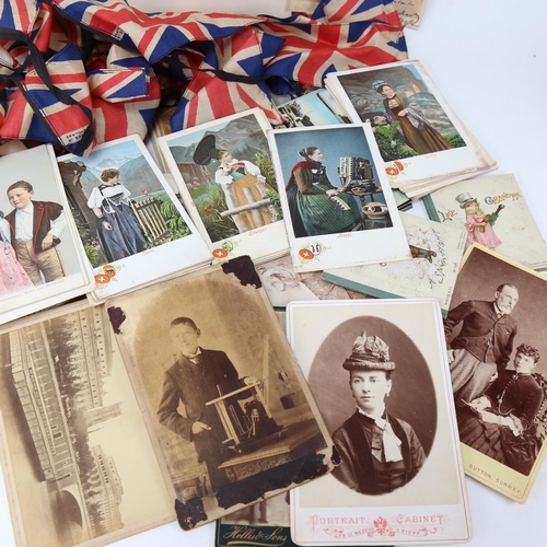 135 - Various Vintage loose topographical postcards, Victorian portrait pictures, Union Jack bunting etc (... 