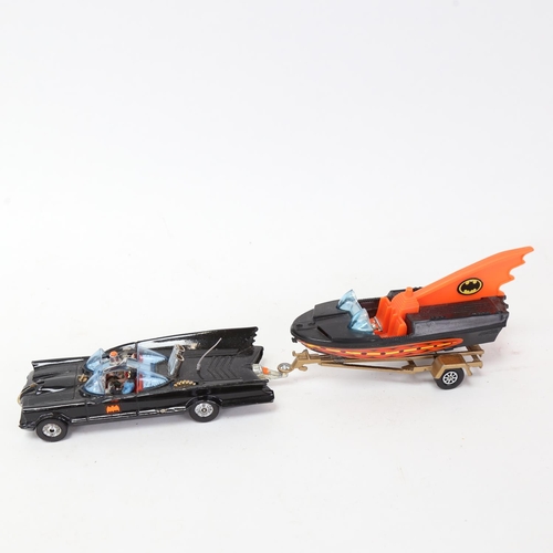 167 - A Corgi 107 Bat Boat and trailer, with diecast Batmobile, and Batman and Robin figures