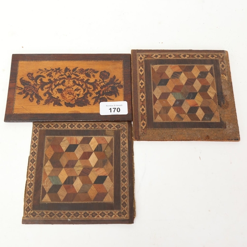 170 - A Tunbridge Ware micro-mosaic marquetry inlaid rosewood box lid, and 2 parquetry cube lid panels (3)