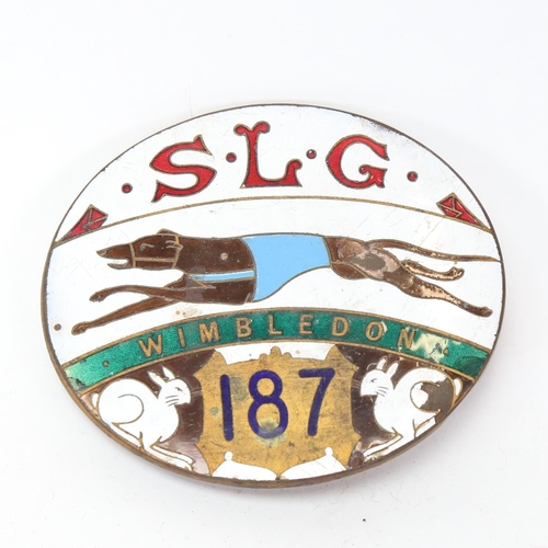 172 - A mid-20th century Wimbledon Greyhound Track enamel badge, SLG no. 187, length 9cm