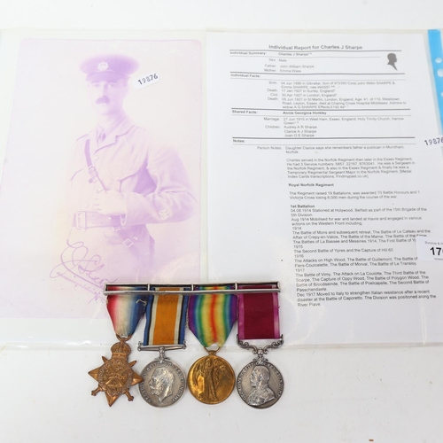 176 - A group of 4 First World War campaign medals to 5857 Temporary Regimental Sgt Major Charles J Sharpe... 