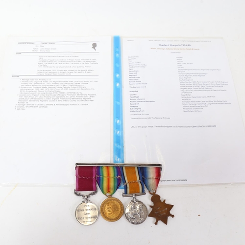 176 - A group of 4 First World War campaign medals to 5857 Temporary Regimental Sgt Major Charles J Sharpe... 