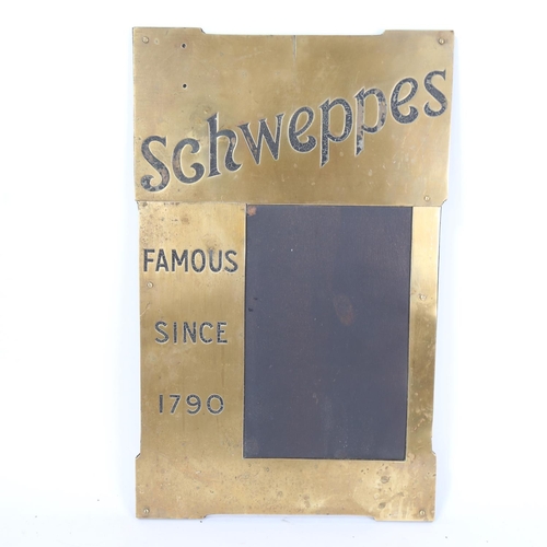 61 - A late 19th century Schweppes black enamel and brass restaurant chalkboard menu, by J Carter, 41cm x... 