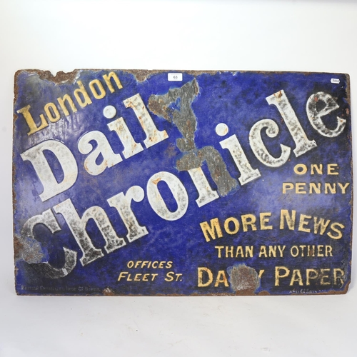 63 - A Vintage blue and white enamel London Daily Chronicle newspaper advertising sign, 61cm x 92cm