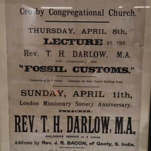 65 - A large scale Vintage Crosby Congregational Church advertising poster, for a Lecture on Fossil Custo... 