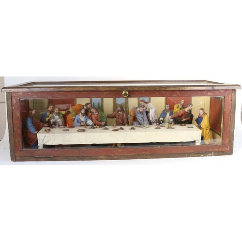 77 - A large handmade Last Supper diorama scene, in glazed case, W96cm, H31cm, D36cm