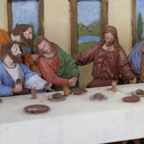 77 - A large handmade Last Supper diorama scene, in glazed case, W96cm, H31cm, D36cm