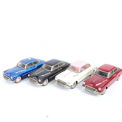 87 - 4 Vintage tinplate friction drive saloon cars, length 30cm (4)