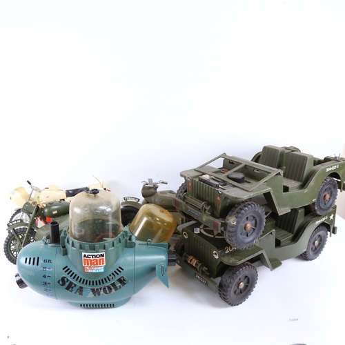 98 - ACTION MAN - various Vintage toy vehicles, including Seawolf submarine, military jeep, motorbike and... 