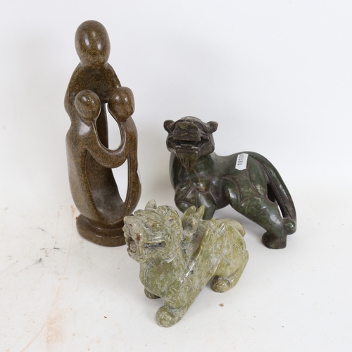 631 - A group of 3 items, including 2 hardstone/jade Chinese creatures, and another, 24cm