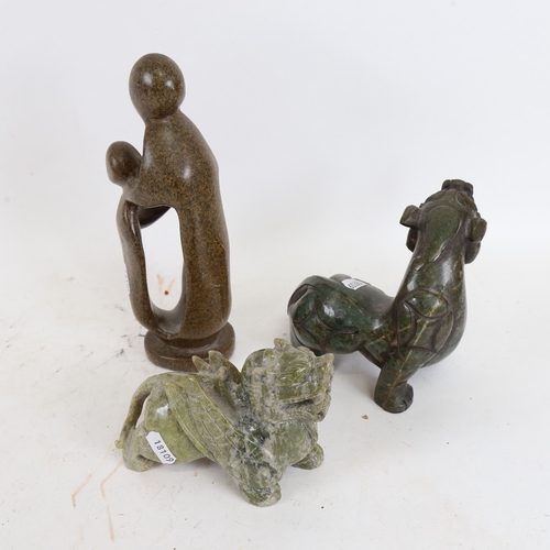 631 - A group of 3 items, including 2 hardstone/jade Chinese creatures, and another, 24cm