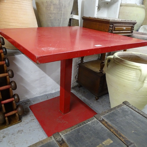 1990 - A red painted metal square-top garden table, W80cm, H75cm