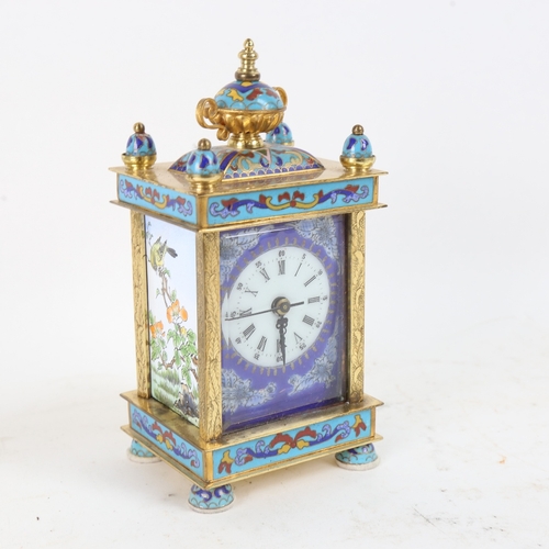 575 - A modern Chinese cloisonne enamel brass-cased carriage clock, quartz movement with enamelled dial an... 