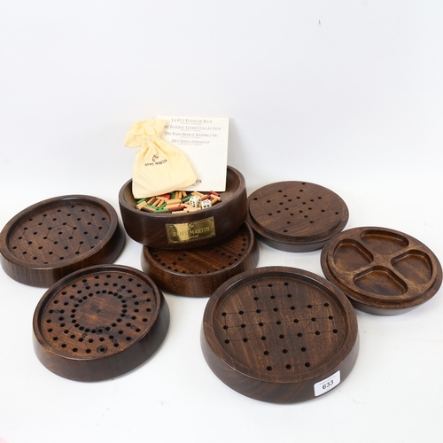 579 - Remy Martin Wooden Barrel Game Collection, each segment being a game for 1 - 4 people, height 26.5cm