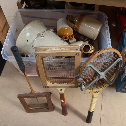 470 - A mixed lot of items, including stoneware jars, Vintage tennis rackets etc (boxful)