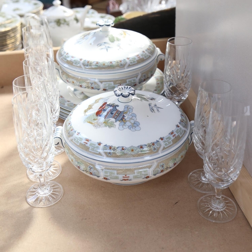 481 - A group of Wedgwood Chinese Legend dinner plates and vegetable tureens, and a set of 9 crystal Champ... 