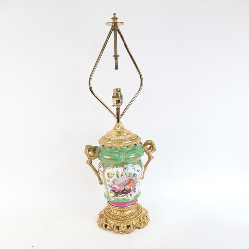 488 - An ornate 19th century Continental porcelain and gilt-metal table lamp, with hand painted botanical ... 