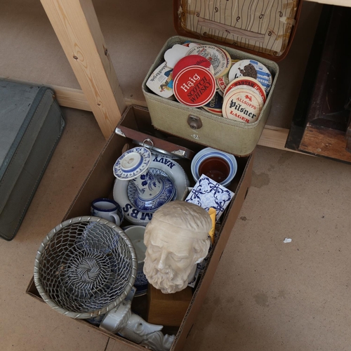 498 - A plaster head, blue and white china, mid century tiles, and a box of beer mats