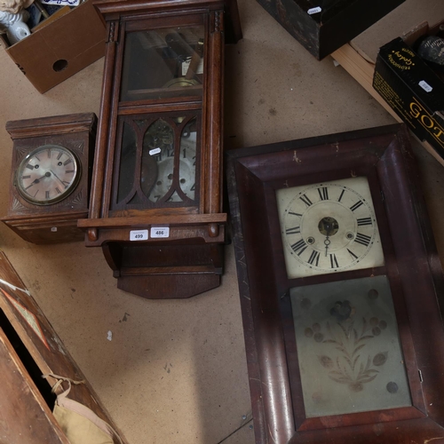 499 - 2 American wall clocks, oak drop-dial clock etc