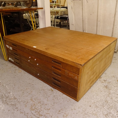 1975 - A mid-century teak 5-drawer plan chest, W127cm, H41cm, D95.5cm