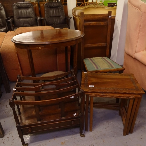 1980 - A mahogany Canterbury, a teak nest of 3 tables, a hall chair etc