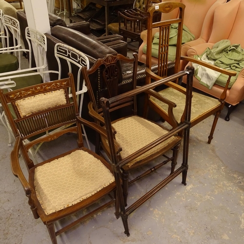 1985 - 3 Edwardian walnut and mahogany satinwood-strung elbow chairs, and a Victorian mahogany towel rail