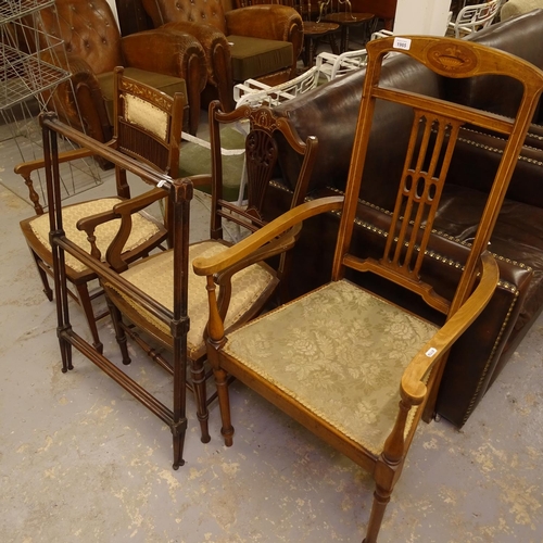 1985 - 3 Edwardian walnut and mahogany satinwood-strung elbow chairs, and a Victorian mahogany towel rail