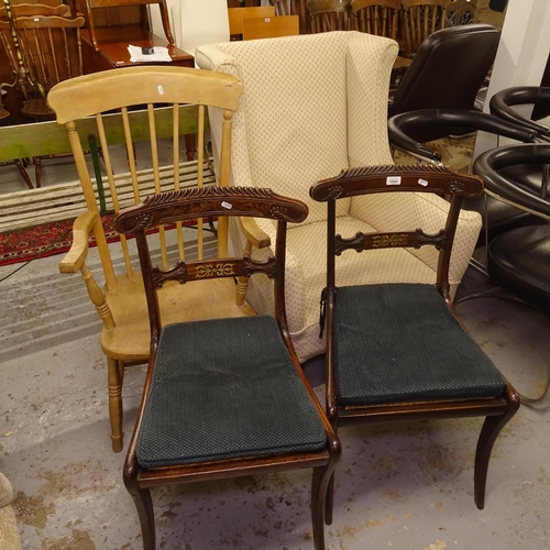 1988 - A simulated rosewood side chair, and another with brass inlay, a wingback upholstered armchair, and ... 