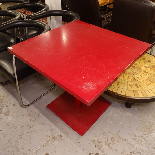 1990 - A red painted metal square-top garden table, W80cm, H75cm