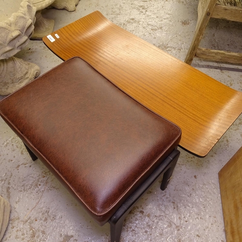 1991 - A mid-century bent-ply coffee table, on dansette legs, and an upholstered footstool