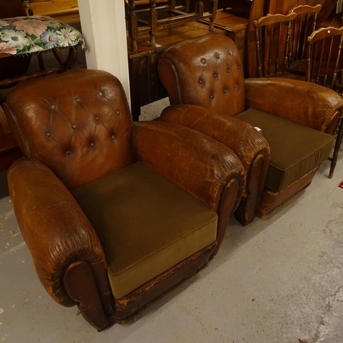 2001 - A pair of Art Deco button-back upholstered leather Club chairs