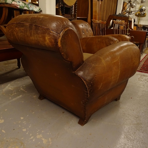 2001 - A pair of Art Deco button-back upholstered leather Club chairs