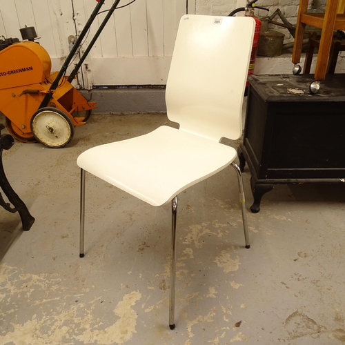 2003 - A set of 6 white bent-ply stacking chairs, on chromed legs