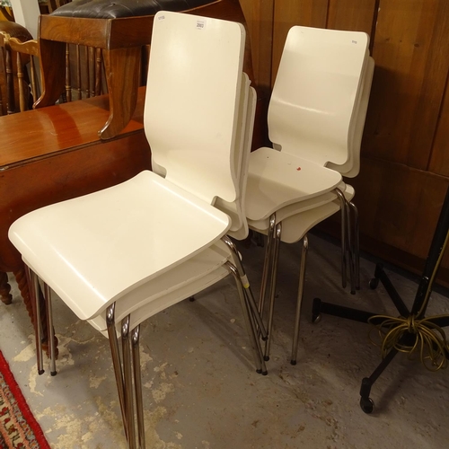 2003 - A set of 6 white bent-ply stacking chairs, on chromed legs