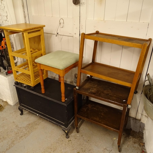 2029 - A painted coffer, 2 tea trolleys, a pine stool, and a beech kitchen stand