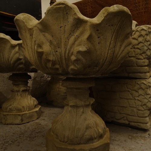 2054 - A pair of leaf embossed 2-section garden planters, on pedestal stands, W46cm, H50cm